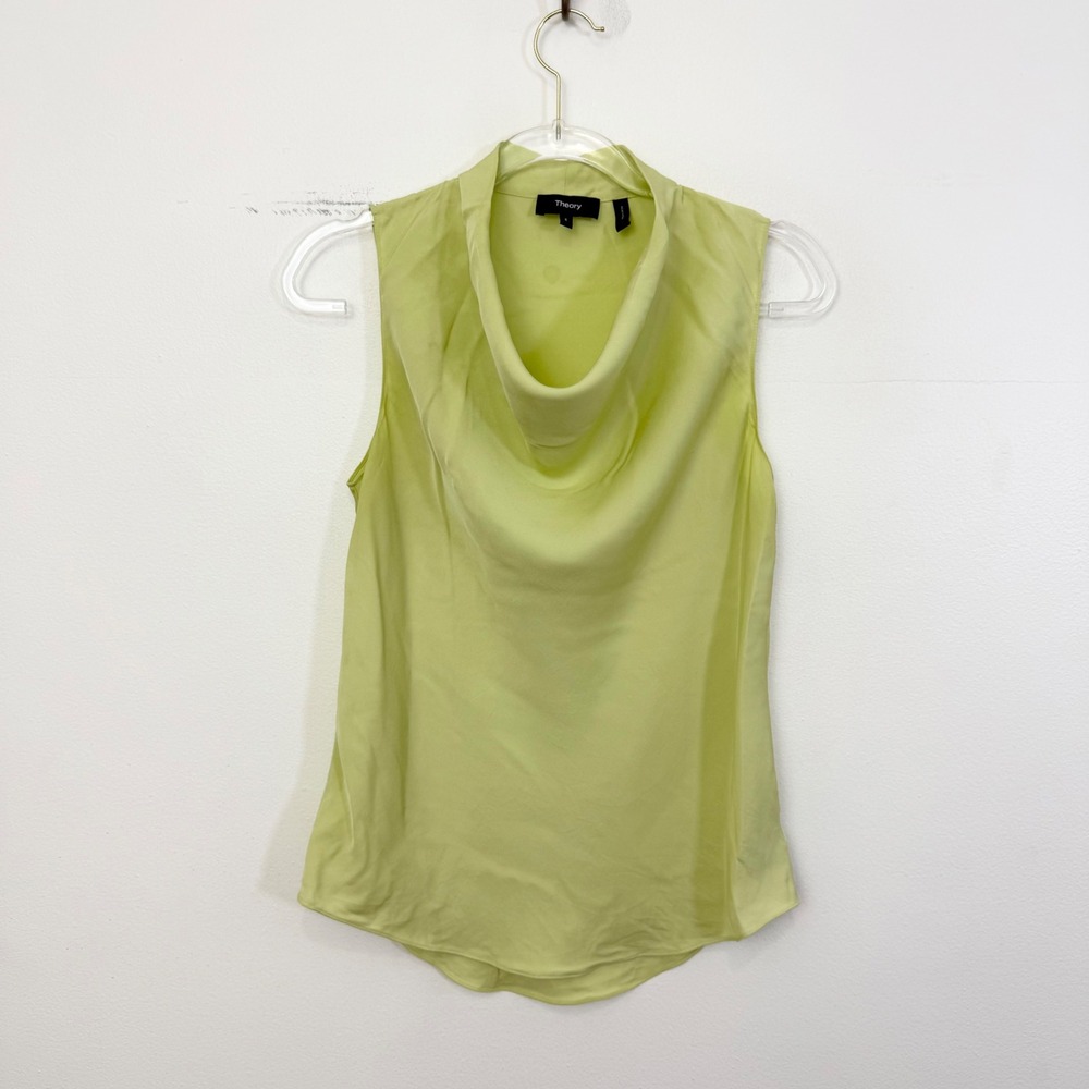 Theory 100% Silk Cowl Neck Sleeveless Blouse Green Size Small